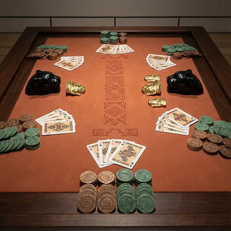 Mesa de bacará con cartas y fichas de bronce inspiradas en arte prehispánico en Royal Yak