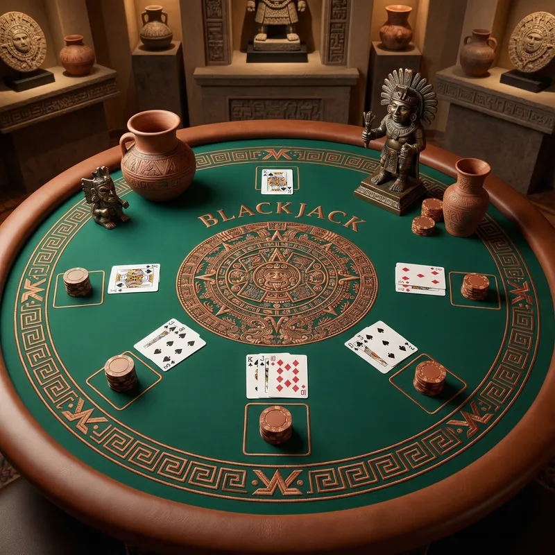 Mesa de blackjack con diseño del calendario azteca en Royal Yak México