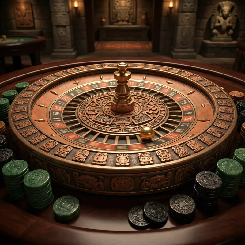 Ruleta europea con decoración mesoamericana y fichas de jade en Royal Yak México