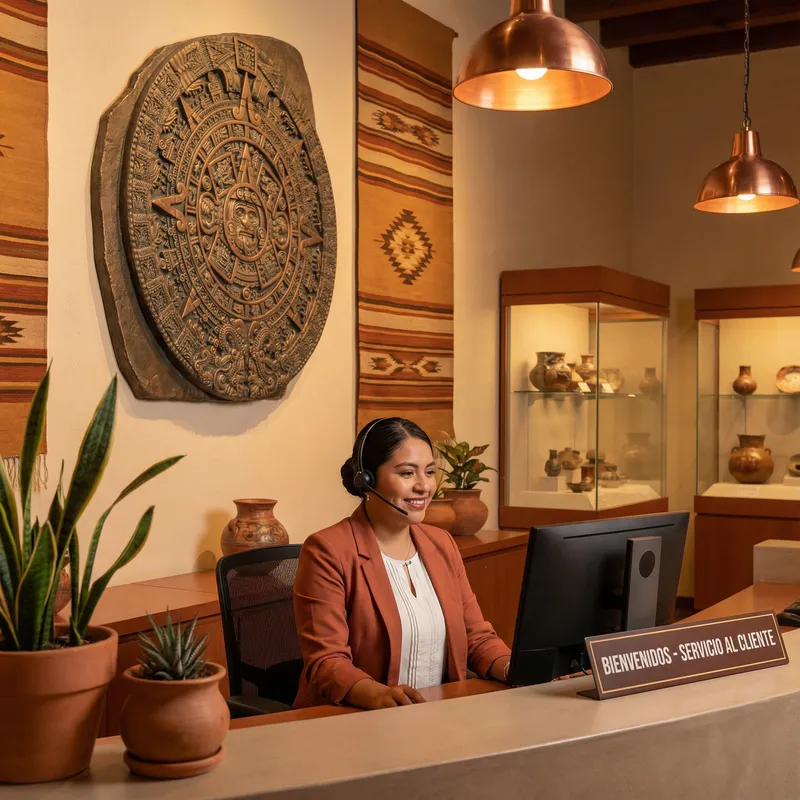 Agente de soporte al cliente de Royal Yak con calendario azteca de fondo